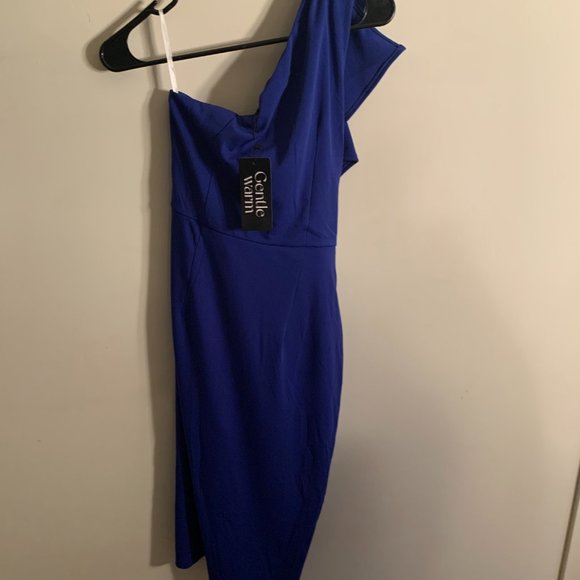 Gentle Warm Royal Blue Size L (US 12/14) One Shoulder Ruched Asymmetrical Midi - Picture 4 of 5